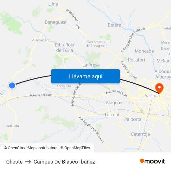 Cheste to Campus De Blasco Ibáñez map