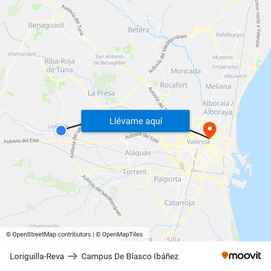 Loriguilla-Reva to Campus De Blasco Ibáñez map