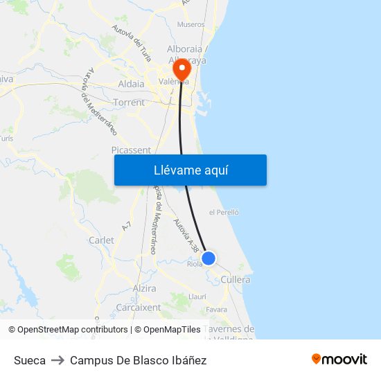 Sueca to Campus De Blasco Ibáñez map