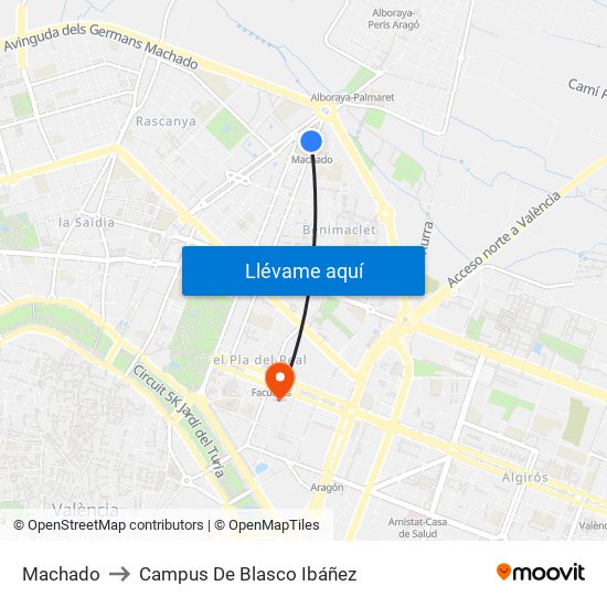 Machado to Campus De Blasco Ibáñez map