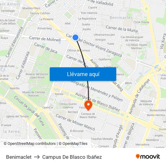 Benimaclet to Campus De Blasco Ibáñez map