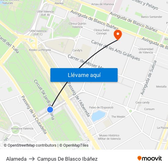 Alameda to Campus De Blasco Ibáñez map