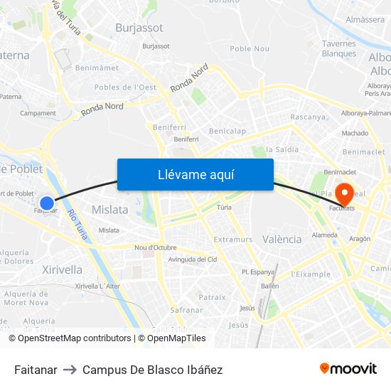 Faitanar to Campus De Blasco Ibáñez map