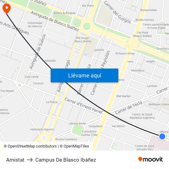 Amistat to Campus De Blasco Ibáñez map