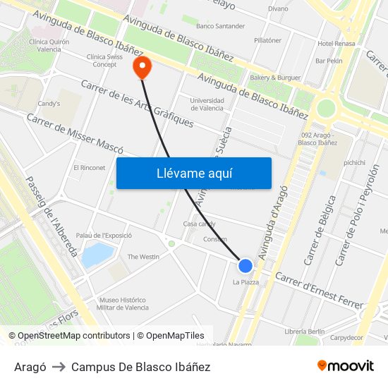 Aragó to Campus De Blasco Ibáñez map