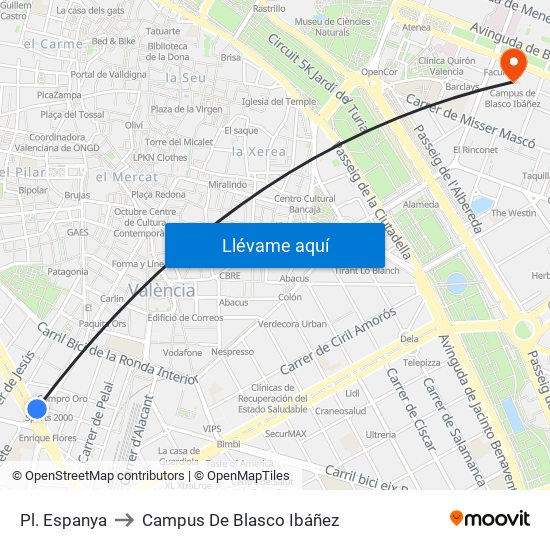 Pl. Espanya to Campus De Blasco Ibáñez map