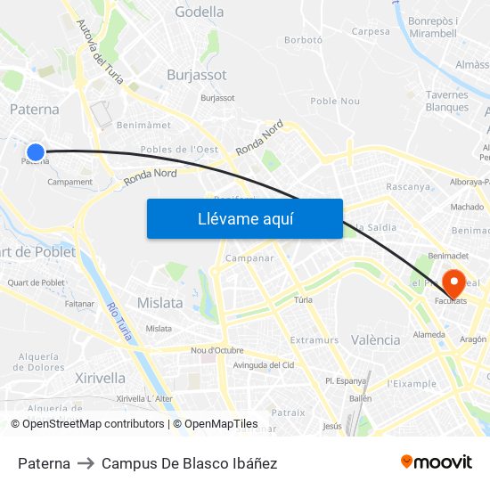 Paterna to Campus De Blasco Ibáñez map