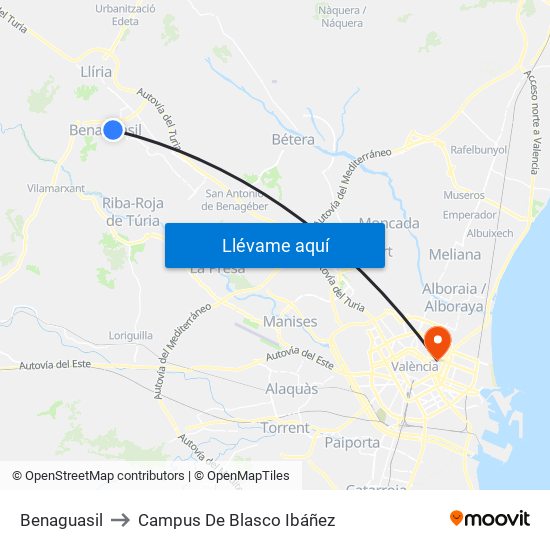 Benaguasil to Campus De Blasco Ibáñez map