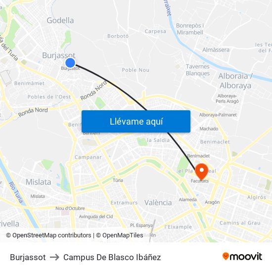 Burjassot to Campus De Blasco Ibáñez map