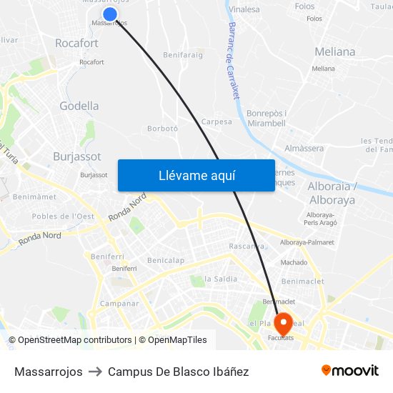 Massarrojos to Campus De Blasco Ibáñez map