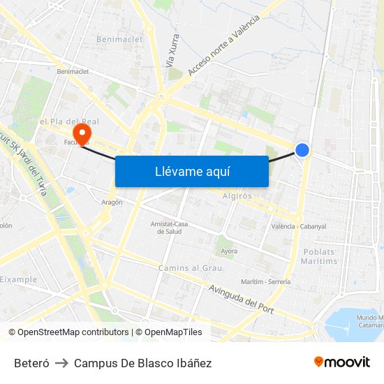 Beteró to Campus De Blasco Ibáñez map