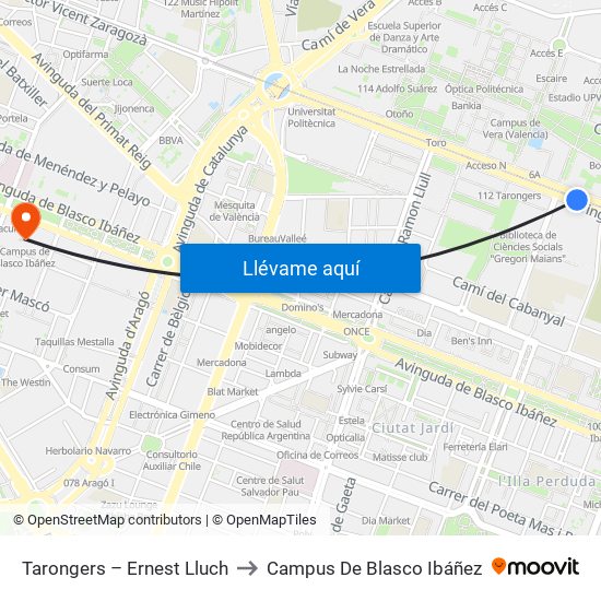 Tarongers – Ernest Lluch to Campus De Blasco Ibáñez map