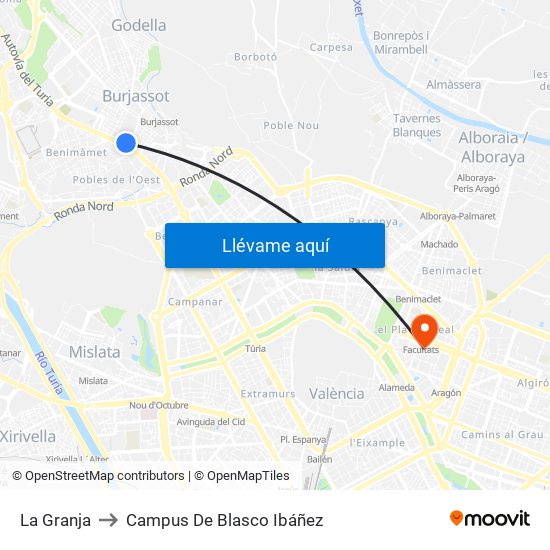 La Granja to Campus De Blasco Ibáñez map