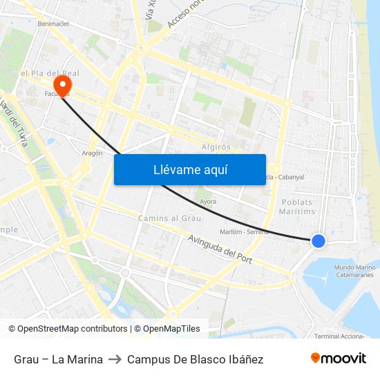 Grau – La Marina to Campus De Blasco Ibáñez map