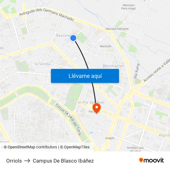 Orriols to Campus De Blasco Ibáñez map