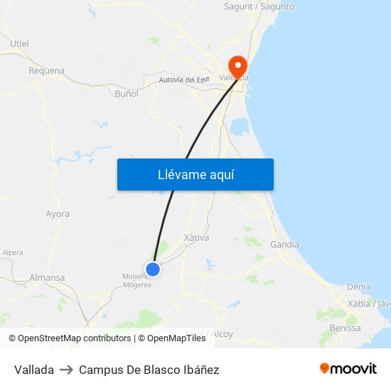 Vallada to Campus De Blasco Ibáñez map