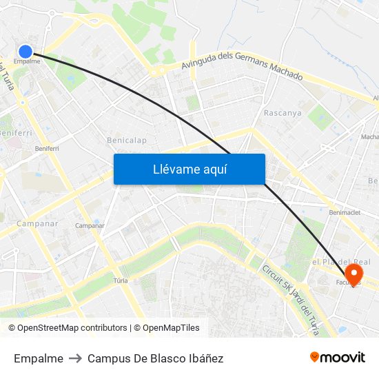 Empalme to Campus De Blasco Ibáñez map