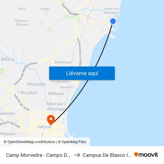 Camp Morvedre - Campo De Fútbol to Campus De Blasco Ibáñez map