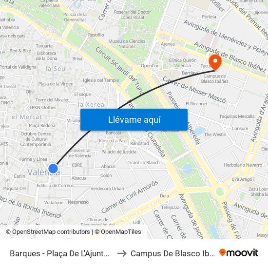 Barques - Plaça De L'Ajuntament to Campus De Blasco Ibáñez map