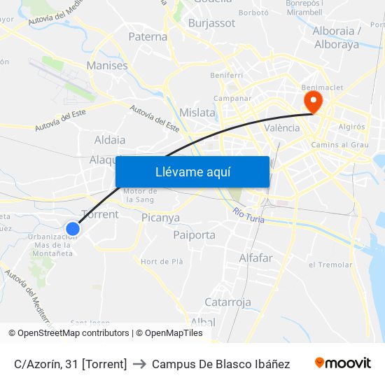 C/Azorín, 31 [Torrent] to Campus De Blasco Ibáñez map