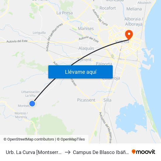 Urb. La Curva [Montserrat] to Campus De Blasco Ibáñez map