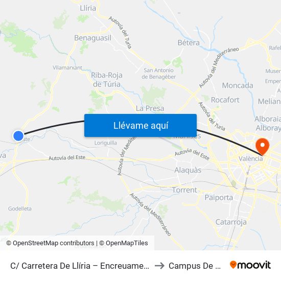 C/ Carretera De Llíria – Encreuament Camino Gestalgar [Cheste] to Campus De Blasco Ibáñez map