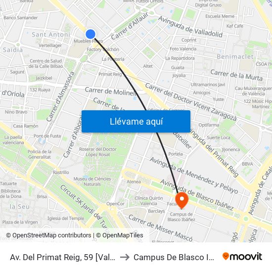Av. Del Primat Reig, 59 [València] to Campus De Blasco Ibáñez map