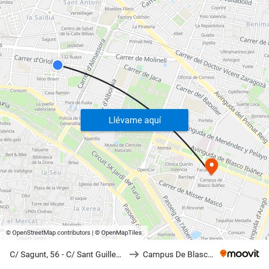 C/ Sagunt, 56 - C/ Sant Guillem [València] to Campus De Blasco Ibáñez map