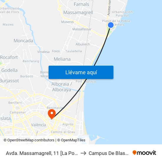 Avda. Massamagrell, 11 [La Pobla De Farnals] to Campus De Blasco Ibáñez map