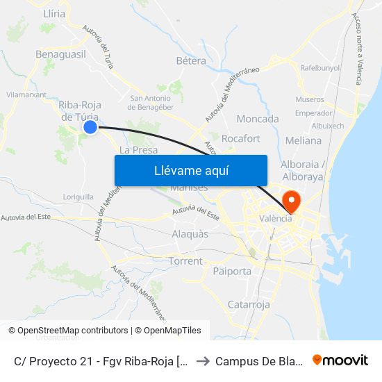 C/ Proyecto 21 - Fgv Riba-Roja [Riba-Roja De Túria] to Campus De Blasco Ibáñez map