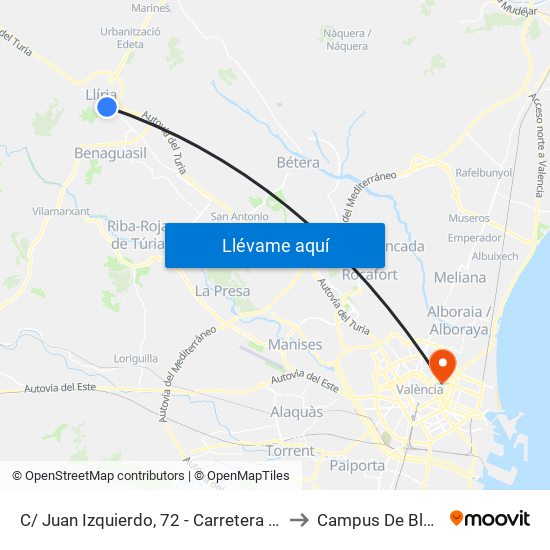 C/ Juan Izquierdo, 72 - Carretera De Vilamarxant [Llíria] to Campus De Blasco Ibáñez map