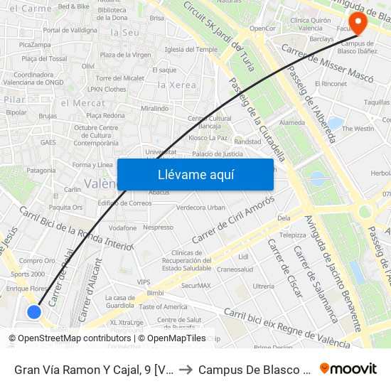 Gran Vía Ramon Y Cajal, 9 [València] to Campus De Blasco Ibáñez map