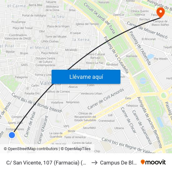 C/ San Vicente, 107 (Farmacia) (Plaza España) [València] to Campus De Blasco Ibáñez map