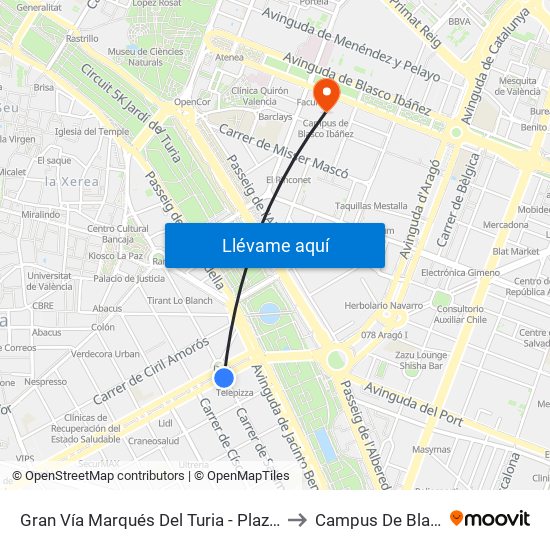 Gran Vía Marqués Del Turia - Plaza Cánovas  [València] to Campus De Blasco Ibáñez map