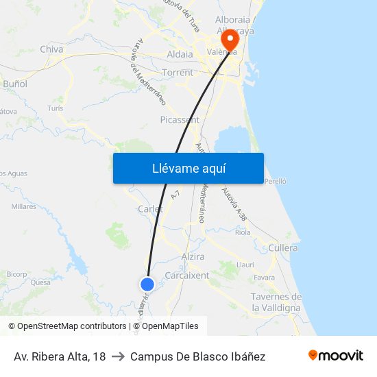 Av. Ribera Alta, 18 to Campus De Blasco Ibáñez map