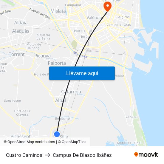 Cuatro Caminos to Campus De Blasco Ibáñez map