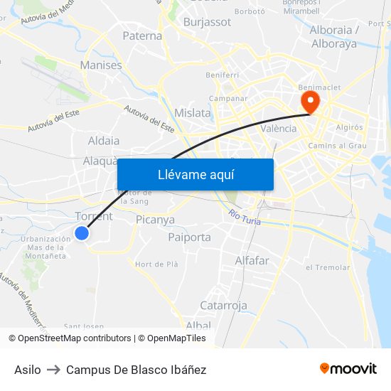 Asilo to Campus De Blasco Ibáñez map