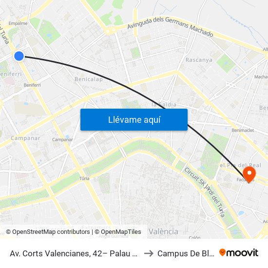 Av. Corts Valencianes, 42– Palau De Congressos [València] to Campus De Blasco Ibáñez map
