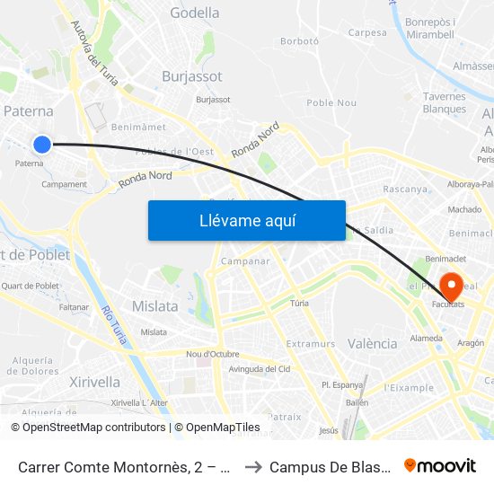 Carrer Comte Montornès, 2 – Palau [Paterna] to Campus De Blasco Ibáñez map