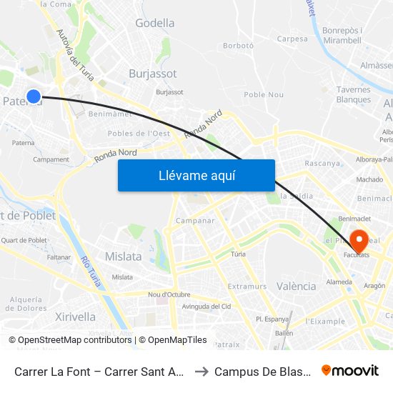 Carrer La Font – Carrer Sant Agustí. [Paterna] to Campus De Blasco Ibáñez map