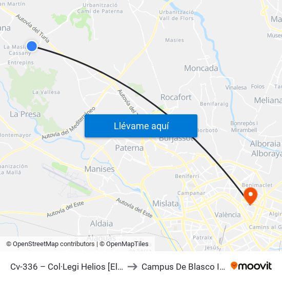 Cv-336 – Col·Legi Helios [Eliana, L] to Campus De Blasco Ibáñez map
