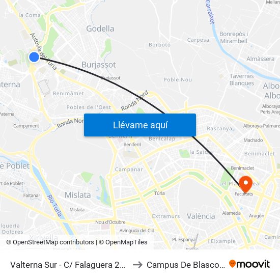 Valterna Sur - C/ Falaguera 24 [Paterna] to Campus De Blasco Ibáñez map
