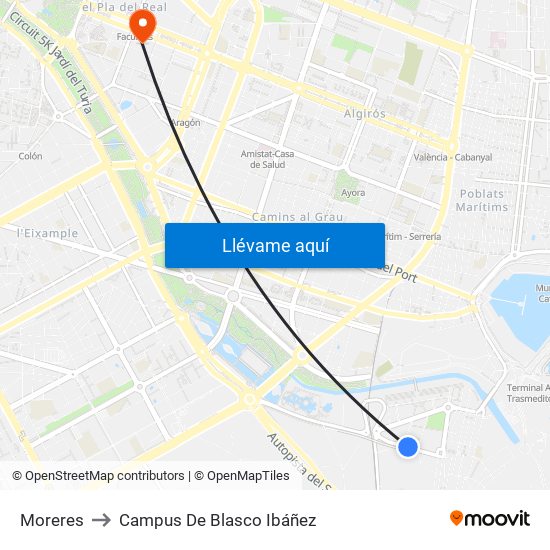 Moreres to Campus De Blasco Ibáñez map
