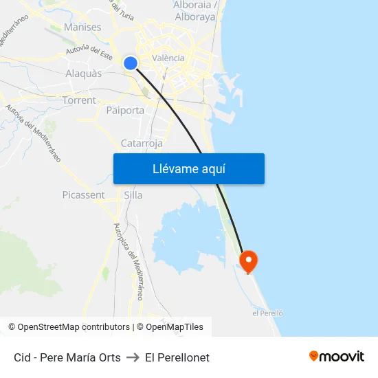 Cid - Pere María Orts to El Perellonet map