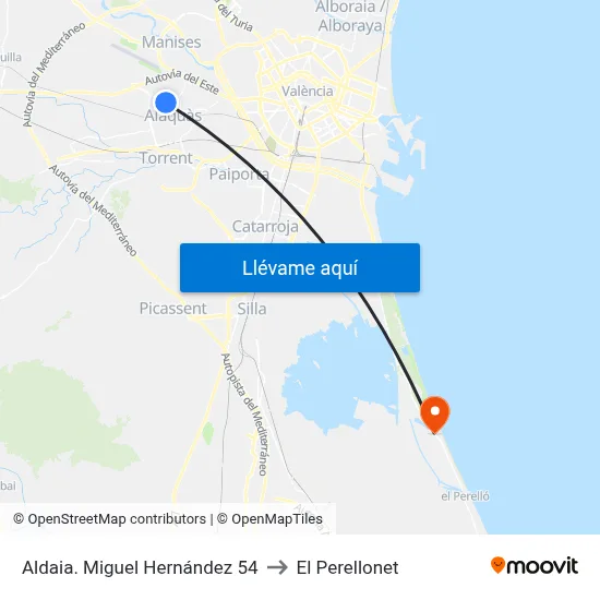 Aldaia. Miguel Hernández 54 to El Perellonet map