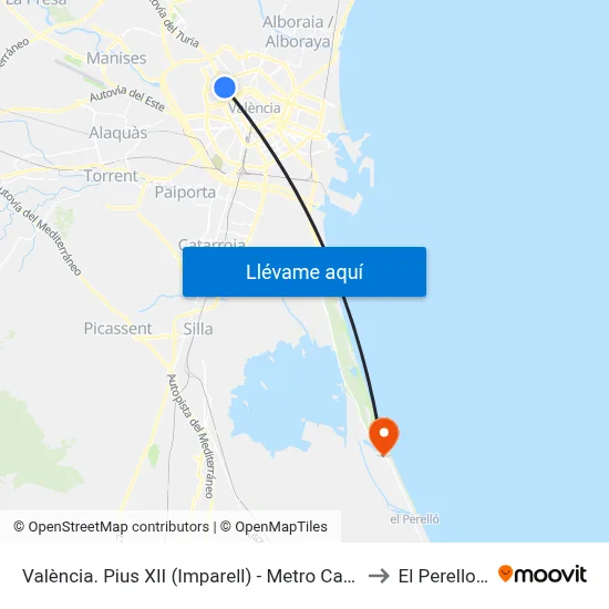 València. Pius XII (Imparell) - Metro Campanar to El Perellonet map