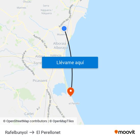 Rafelbunyol to El Perellonet map