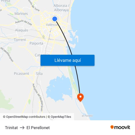 Trinitat to El Perellonet map