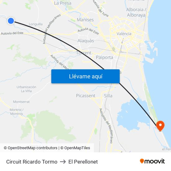 Circuit Ricardo Tormo to El Perellonet map