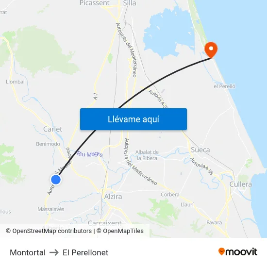 Montortal to El Perellonet map